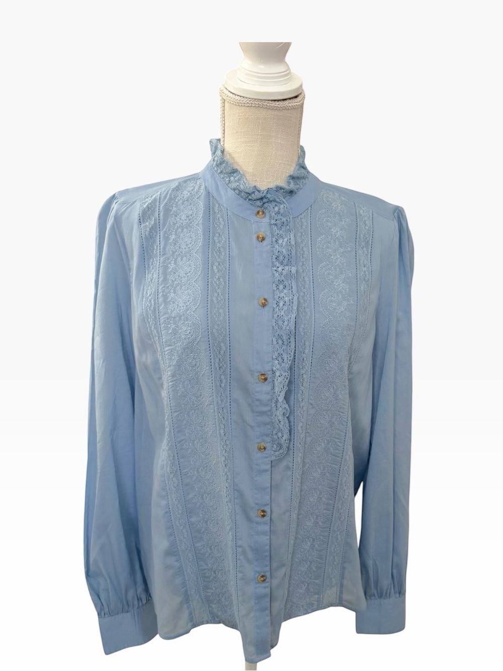 Sézane Chlo Shirt Vintage Blue Lace Ruffle Collar Size 42/10/ M US Cottagecoe - Picture 2 of 14
